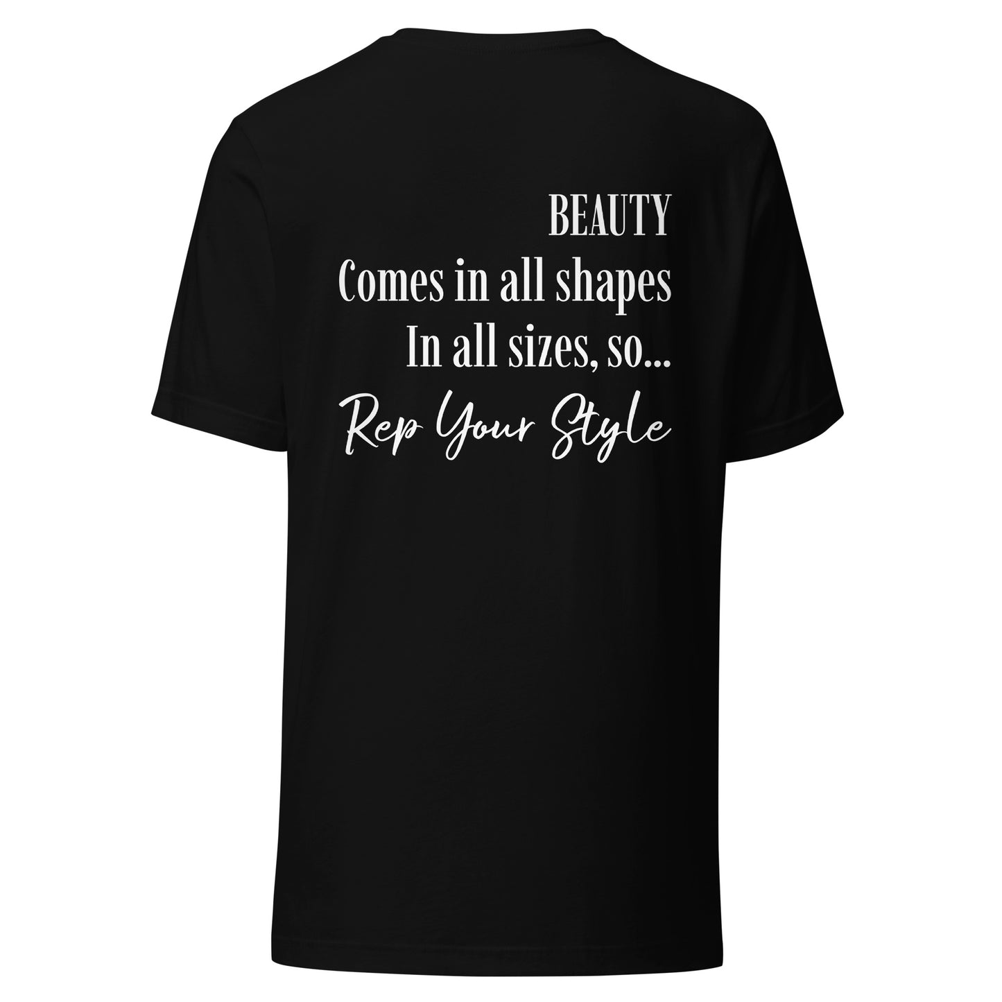 Beauty comes in all sizes black t-shirt