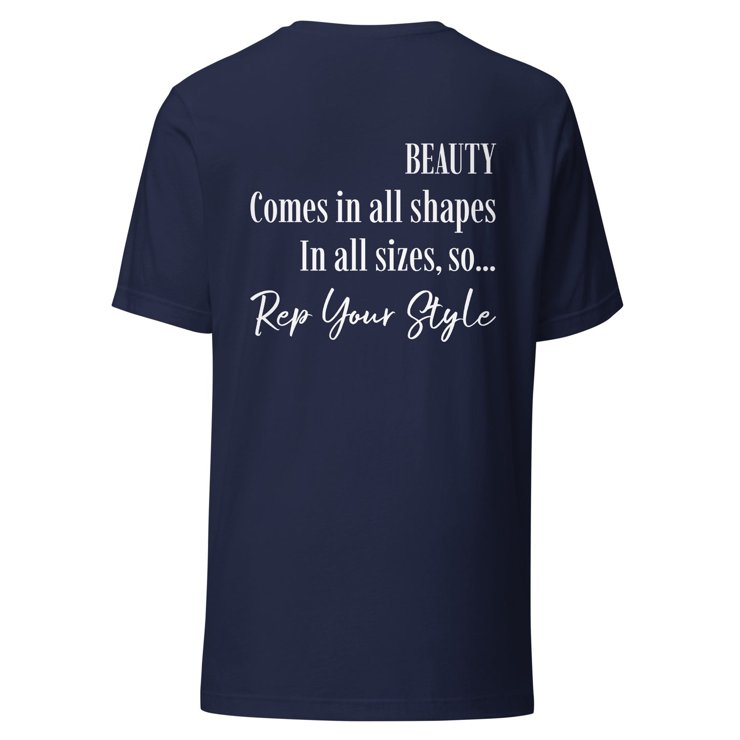 Beauty comes in all sizes navy t-shirt